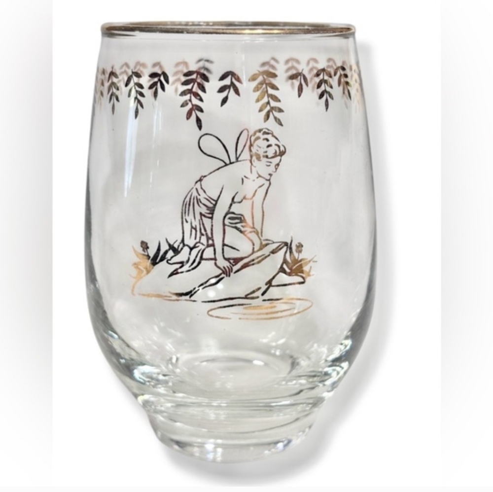 LIBBY GLASS CO Tumbler White Rocks Ginger Ale Gold Nymph Logo VINTAGE